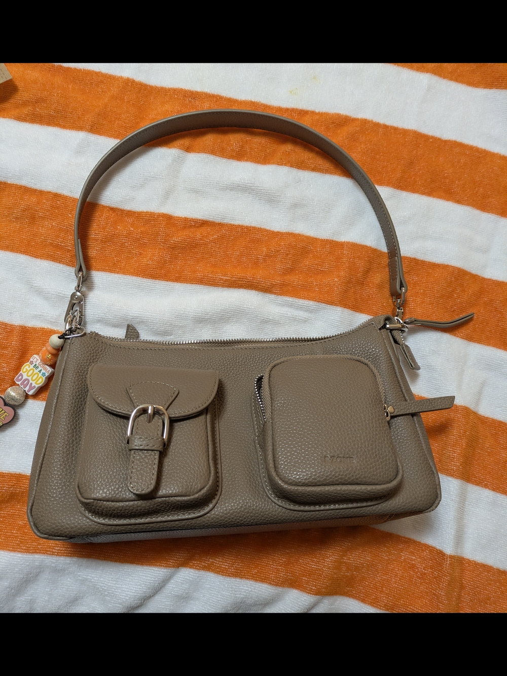 S-Zone Taupe Pebbled Leather Shoulder/Crossbody Bag with Dual Front Pockets
